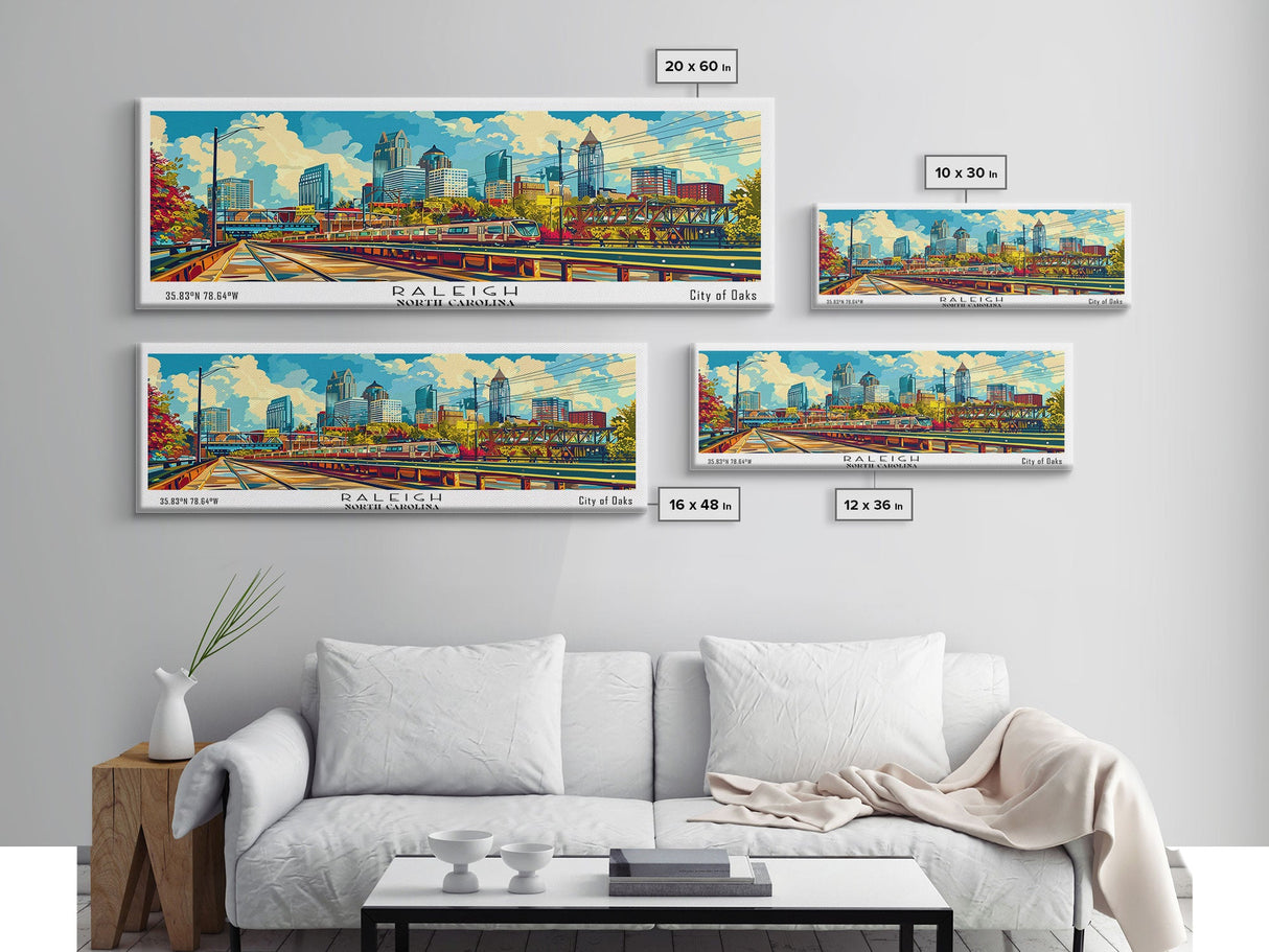 Raleigh North Carolina Panoramic Painting, Mid Century Modern Framed Canvas Print, Pop Art Wall Hanging, Retro Travel Poster