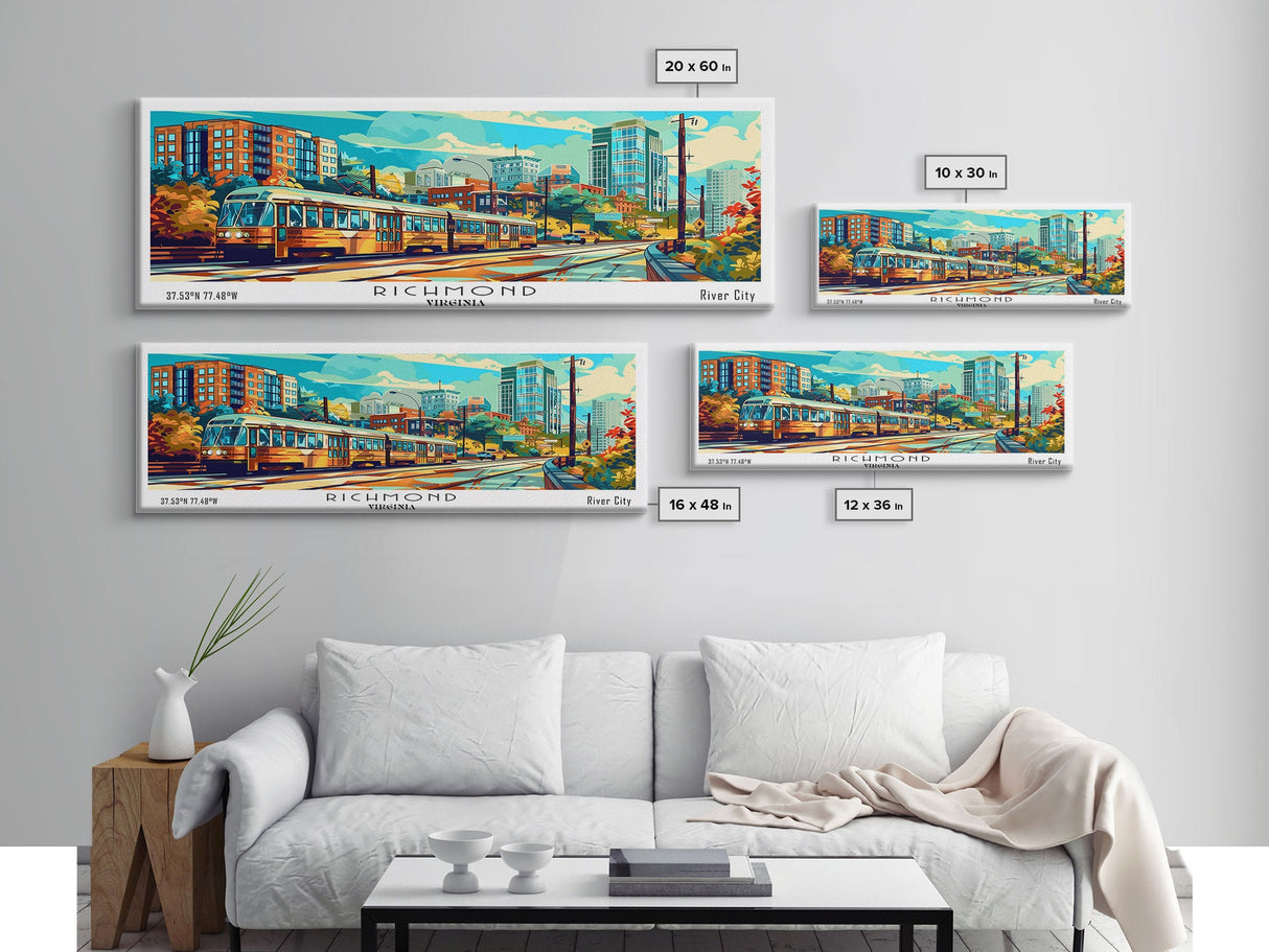 Richmond Virginia Panoramic Wall Art, Pop Art Framed Canvas Print, Mid Century Modern Home Decor, Retro Style Travel Poster