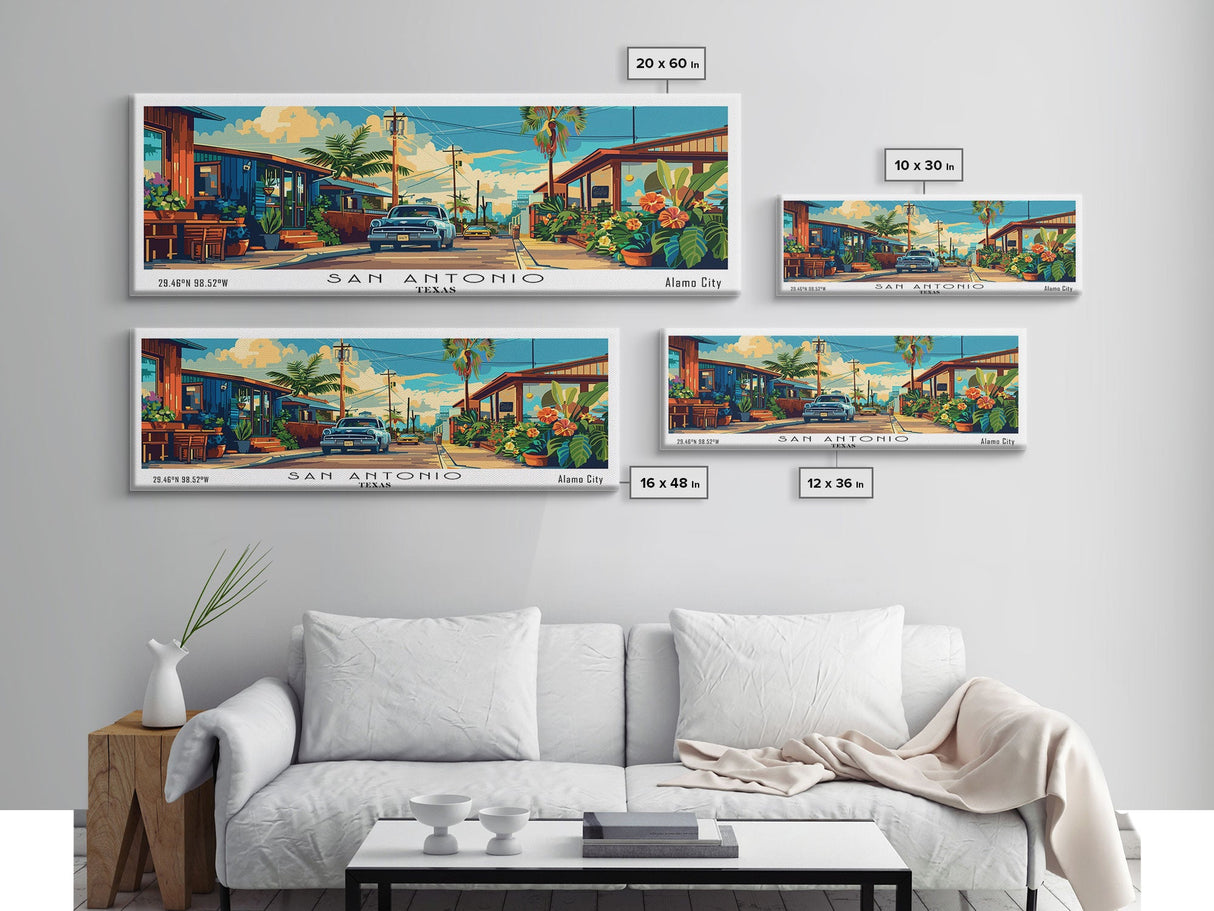 San Antonio Texas Panoramic Wall Art, Mid Century Modern Framed Canvas Print, Retro Pop Art Travel Poster, Home Decor