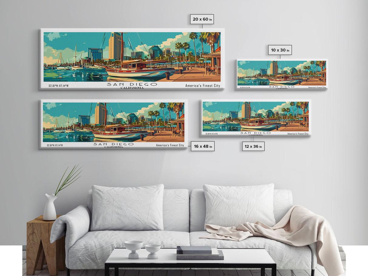 San Diego California Panoramic Painting, Retro Style Framed Canvas Print, Mid Century Modern Wall Art, Pop Art Travel Poster