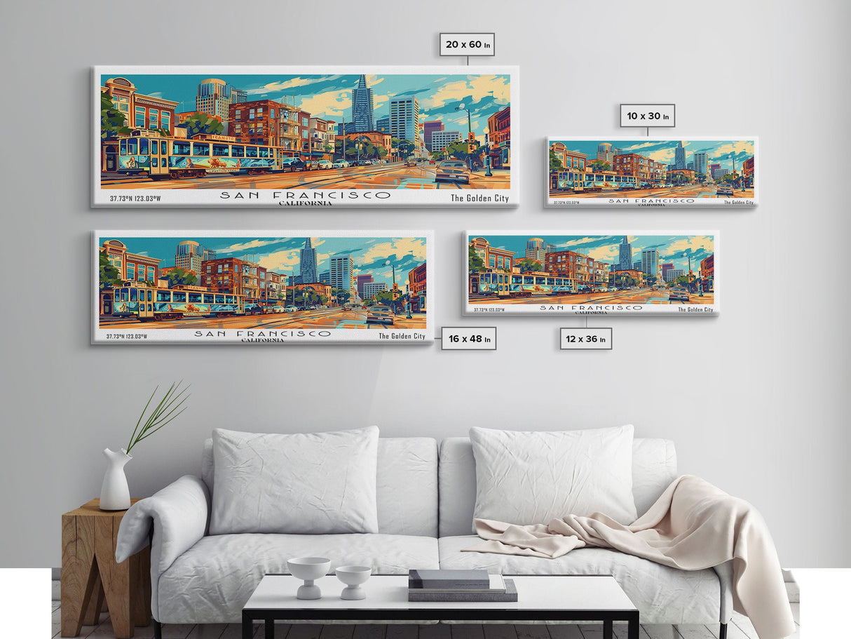 San Francisco California Panoramic Framed Canvas Print, Mid Century Modern Wall Art, Pop Art Home Decor, Retro Style Travel Poster