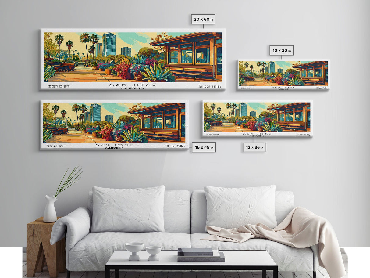 San Jose California Panoramic Wall Art, Mid Century Modern Framed Canvas Print, Retro Pop Art Travel Poster, Home Decor