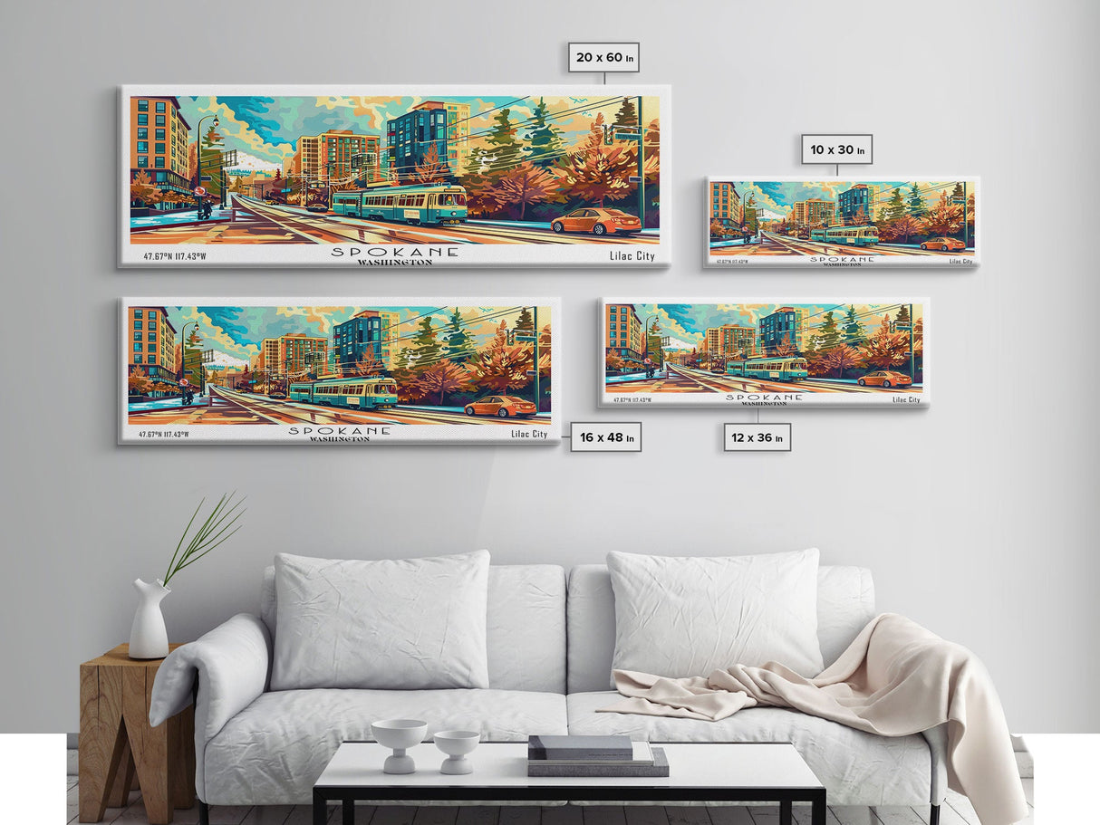 Spokane Washington Panoramic Painting, Mid Century Modern Framed Canvas Print, Retro Pop Art Travel Poster, Wall Decor, Office Art