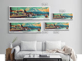 Tacoma Washington Panoramic Painting, Mid Century Modern Framed Canvas Print, Retro Pop Art Travel Poster, Wall Decor, Gift Idea