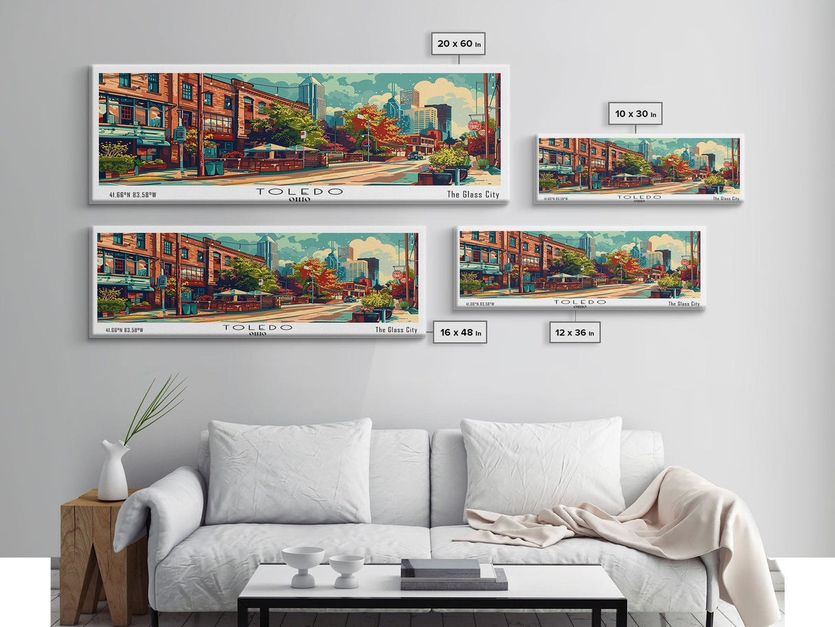 Toledo Ohio Panoramic Painting, Mid Century Modern Framed Canvas Print, Retro Pop Art Travel Poster, Wall Art, Home Decor, Office Art