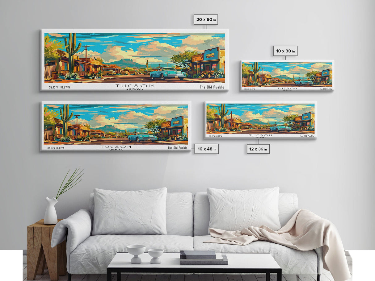 Tucson Arizona Panoramic Wall Art, Mid Century Modern Framed Canvas Print, Retro Pop Art Travel Poster, Office Wall Art, Living Room Decor