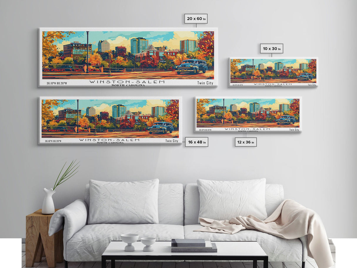 Winston-Salem North Carolina Panoramic Wall Art, Retro Pop Art Framed Canvas Print, Mid Century Modern Travel Poster, Wall Hanging