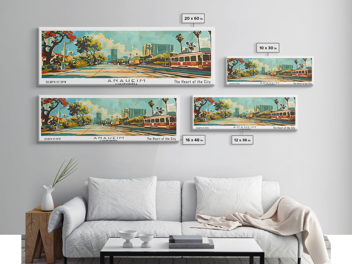 Anaheim California Panoramic Wall Art, Retro Pop Art Framed Canvas Print, Mid Century Modern Travel Poster, Living Room Decor, Wall Hanging