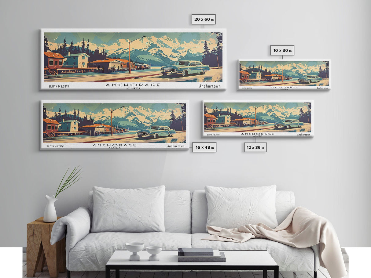 Anchorage Alaska Panoramic Painting, Mid Century Modern Framed Canvas Print, Retro Pop Art Travel Poster, Wall Art, Home Decor, Office Art