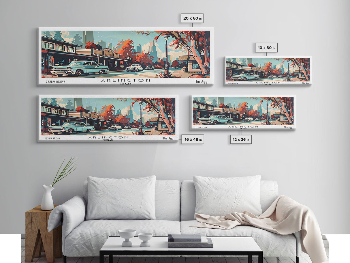 Arlington Texas Panoramic Wall Art, Mid Century Modern Framed Canvas Print, Retro Pop Art Travel Poster, Office Wall Art, Living Room Decor