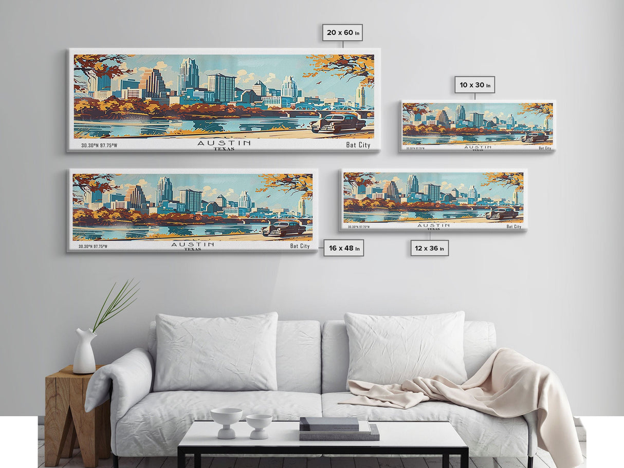 Austin Texas Panoramic Painting, Mid Century Modern Framed Canvas Print, Retro Pop Art Travel Poster, Wall Art, Home Decor, Office Art, Gift Idea