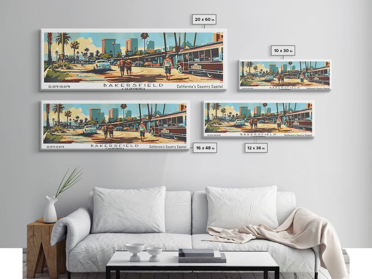 Bakersfield California Panoramic Wall Art, Mid Century Modern Framed Canvas Print, Retro Pop Art Travel Poster, Office Wall Art, Living Room Decor