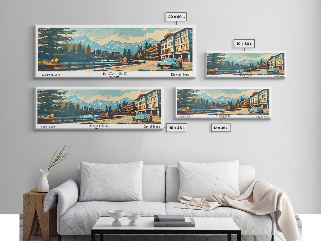 Boise Idaho Panoramic Painting, Mid Century Modern Framed Canvas Print, Retro Pop Art Travel Poster, Wall Art, Home Decor, Office Wall Art