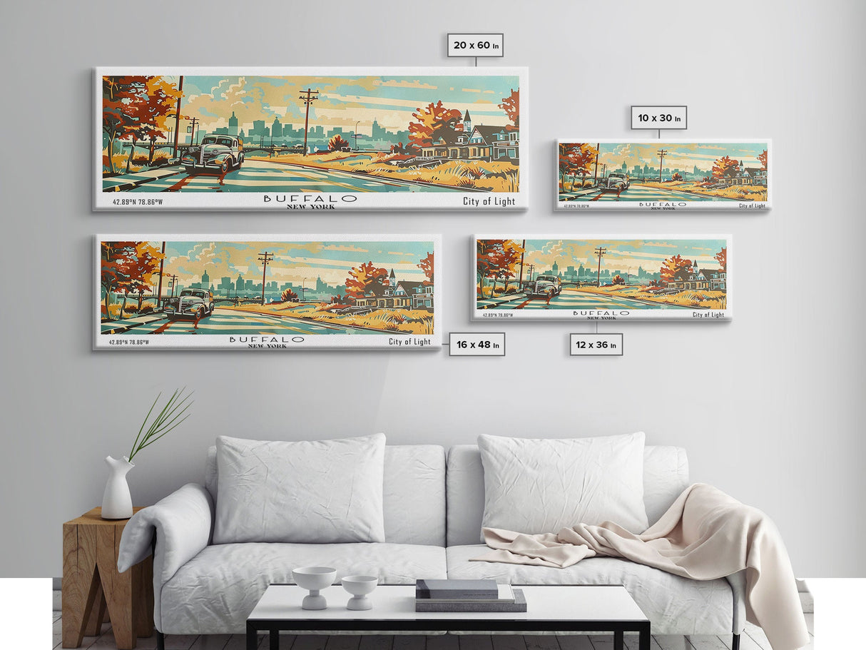 Buffalo New York Panoramic Painting, Mid Century Modern Framed Canvas Print, Retro Pop Art Travel Poster, Wall Decor, Home Decor, Wall Hanging