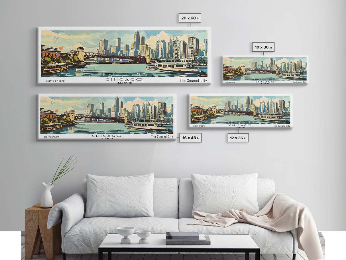 Chicago Illinois Panoramic Painting, Mid Century Modern Framed Canvas Print, Retro Pop Art Travel Poster, Wall Decor, Gift Idea, Home Decor