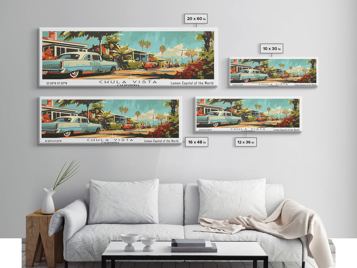 Chula Vista California Panoramic Painting, Mid Century Modern Framed Canvas Print, Retro Pop Art Travel Poster, Wall Decor, Office Art