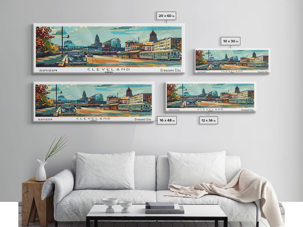 Cleveland Ohio Panoramic Wall Art, Mid Century Modern Framed Canvas Print, Retro Pop Art Travel Poster, Office Wall Art, Living Room Decor