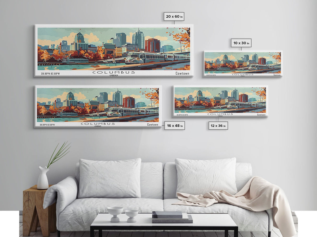 Columbus Ohio Panoramic Painting, Mid Century Modern Framed Canvas Print, Retro Pop Art Travel Poster, Wall Art, Home Decor, Office Art, Gift Idea