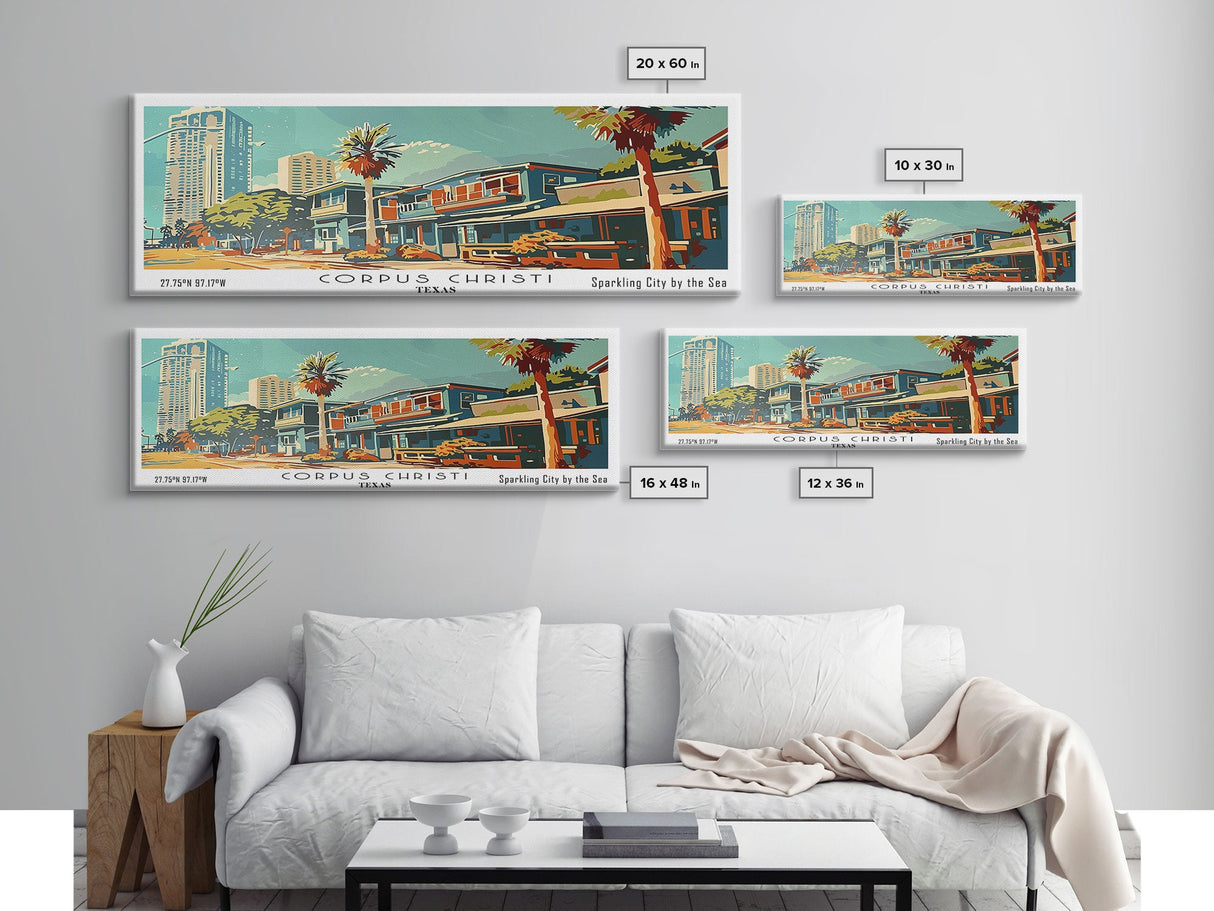 Corpus Christi Texas Panoramic Painting, Mid Century Modern Framed Canvas Print, Retro Pop Art Travel Poster, Wall Decor, Home Decor, Wall Hanging