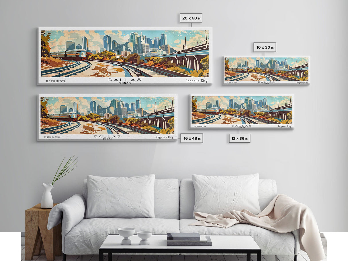 Dallas Texas Panoramic Wall Art, Retro Pop Art Framed Canvas Print, Mid Century Modern Travel Poster, Living Room Decor, Office Art