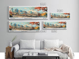 Durham North Carolina Panoramic Painting, Mid Century Modern Framed Canvas Print, Retro Pop Art Travel Poster, Wall Decor, Home Decor, Wall Hanging