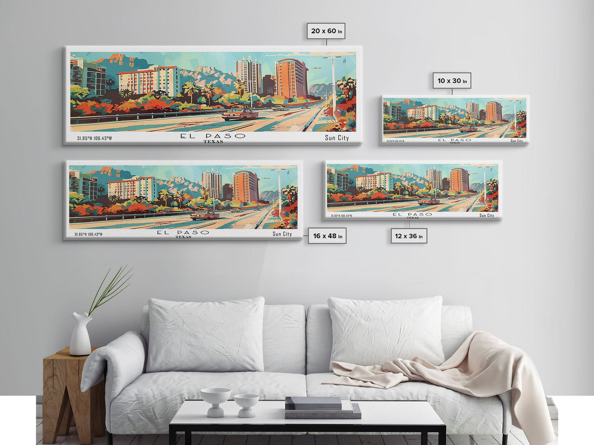 El Paso Texas Panoramic Wall Art, Retro Pop Art Framed Canvas Print, Mid Century Modern Travel Poster, Living Room Decor, Office Wall Art