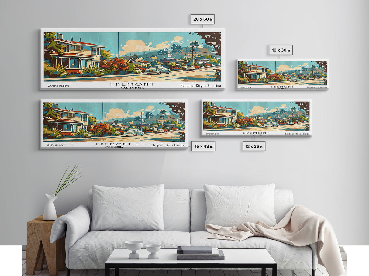 Fremont California Panoramic Painting, Mid Century Modern Framed Canvas Print, Retro Pop Art Travel Poster, Wall Decor, Gift Idea, Home Decor