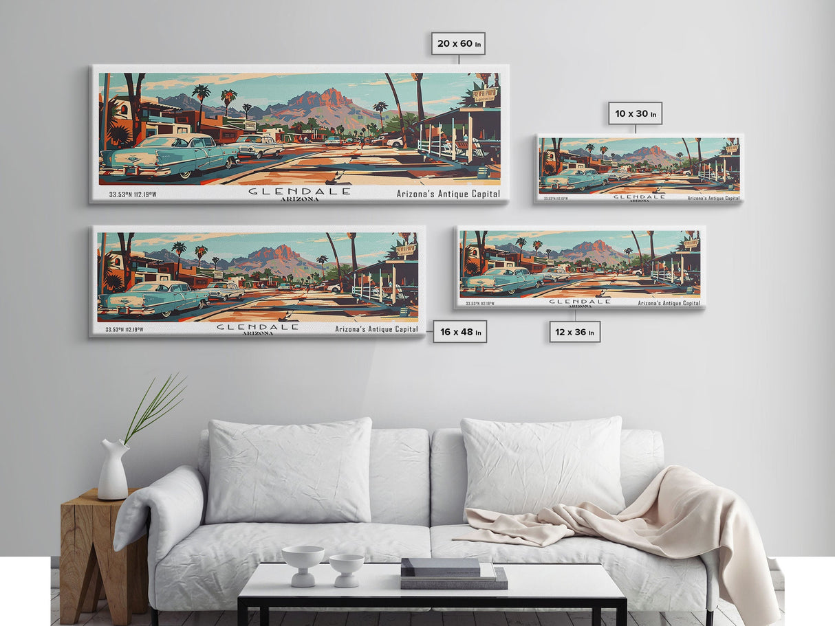 Glendale Arizona Panoramic Wall Art, Mid Century Modern Framed Canvas Print, Retro Pop Art Travel Poster, Home Decor, Office Wall Art, Gift Idea