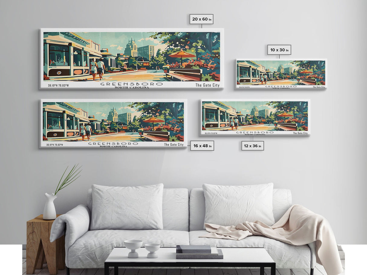 Greensboro North Carolina Panoramic Painting, Mid Century Modern Framed Canvas Print, Retro Pop Art Travel Poster, Wall Art, Living Room Decor, Office Art