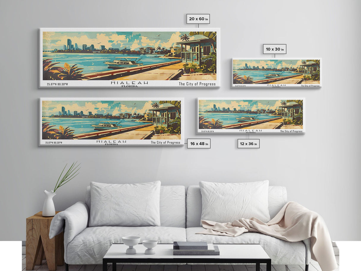 Hialeah Florida Panoramic Painting, Mid Century Modern Framed Canvas Print, Retro Pop Art Travel Poster, Wall Art, Home Decor, Office Wall Art, Gift Idea