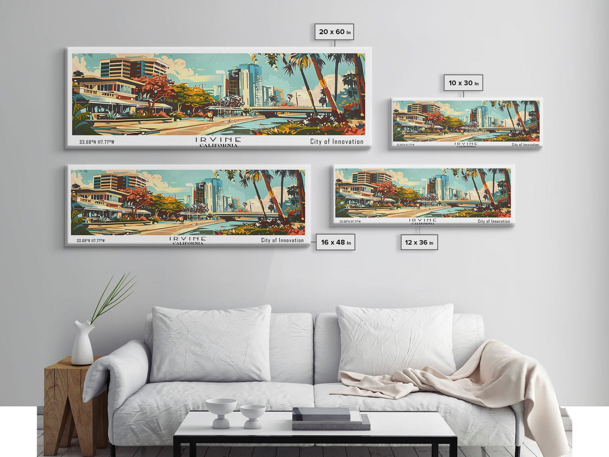 Irvine California Panoramic Wall Art, Mid Century Modern Framed Canvas Print, Retro Pop Art Travel Poster, Home Decor, Living Room Art, Office Wall Hanging