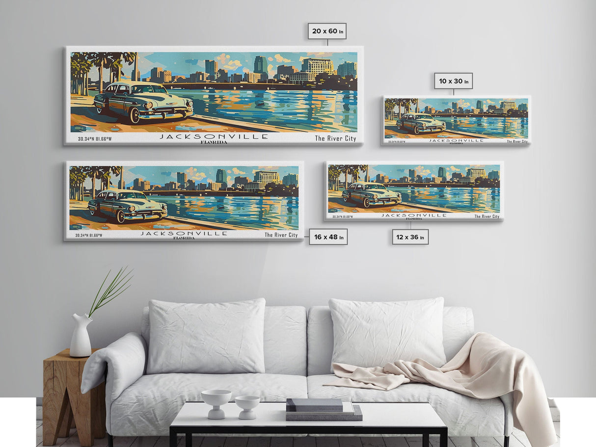 Jacksonville Florida Panoramic Wall Art, Mid Century Modern Framed Canvas Print, Retro Pop Art Travel Poster, Living Room Art, Office Decor, Wall Hanging