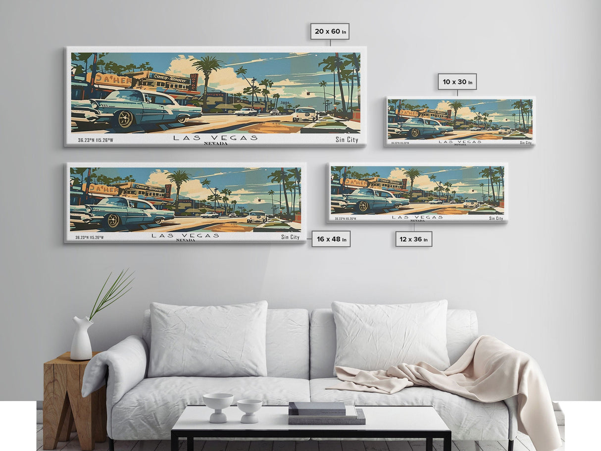 Las Vegas Nevada Panoramic Wall Art, Mid Century Modern Framed Canvas Print, Retro Pop Art Travel Poster, Home Decor, Office Art, Living Room Wall Hanging