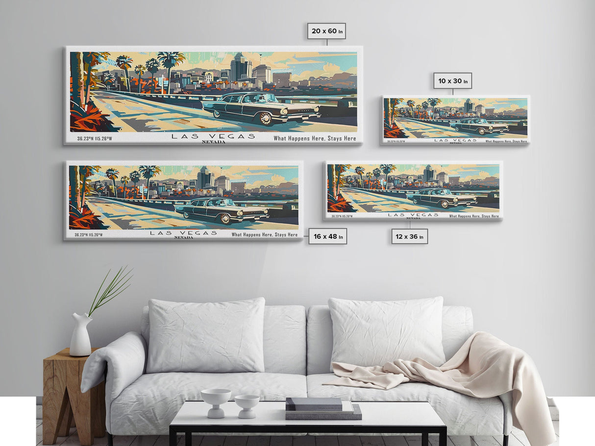 Las Vegas Nevada Panoramic Wall Art, Mid Century Modern Framed Canvas Print, Retro Pop Art Travel Poster, Home Decor, Office Art, Living Room Wall Hanging