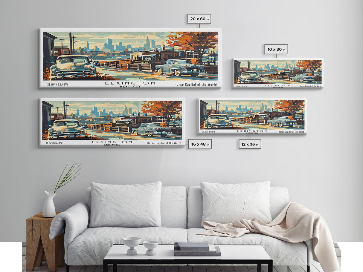 Lexington Kentucky Panoramic Wall Art, Mid Century Modern Framed Canvas Print, Retro Pop Art Travel Poster, Living Room Art, Office Decor, Wall Hanging