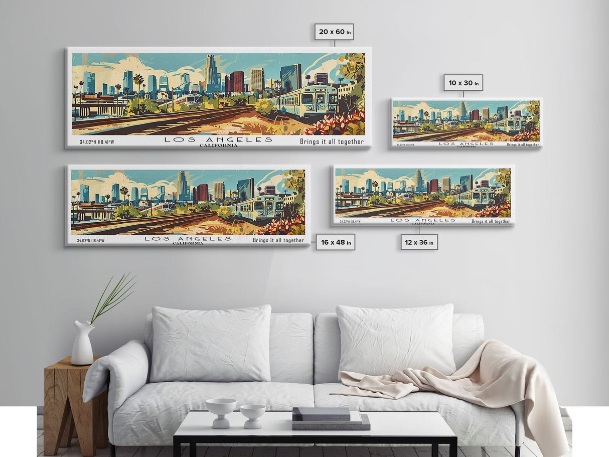 Los Angeles California Panoramic Wall Art, Mid Century Modern Framed Canvas Print, Retro Pop Art Travel Poster, Home Decor, Office Wall Art, Gift Idea