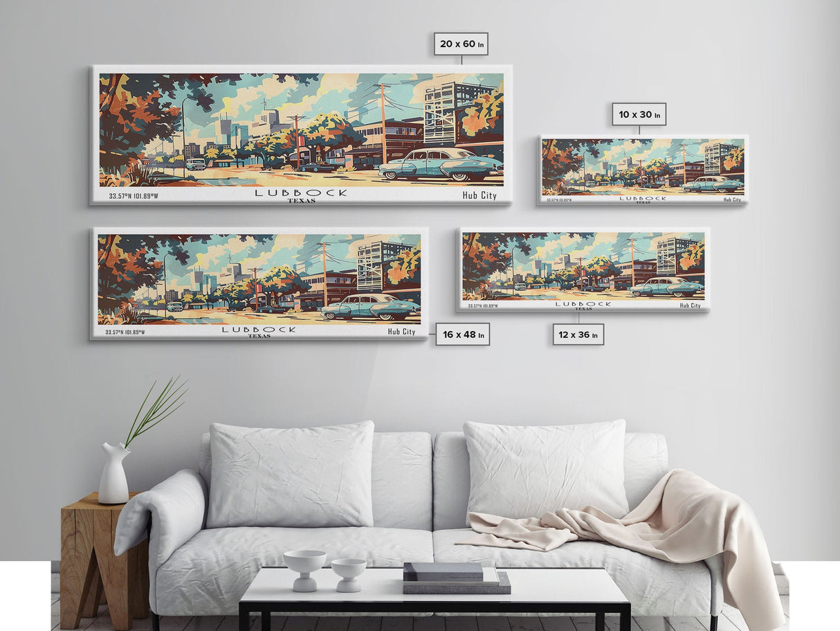 Lubbock Texas Panoramic Wall Art, Mid Century Modern Framed Canvas Print, Retro Pop Art Travel Poster, Home Decor, Living Room Art, Office Wall Hanging, Gift Idea