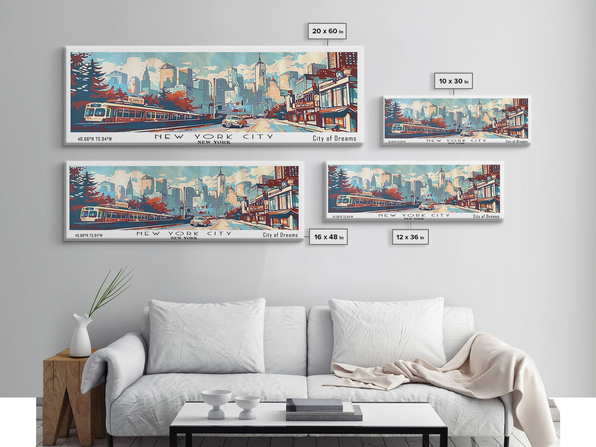 New York New York Panoramic Wall Art, Mid Century Modern Framed Canvas Print, Retro Pop Art Travel Poster, Home Decor, Office Art, Gift Idea, Living Room Wall Hanging