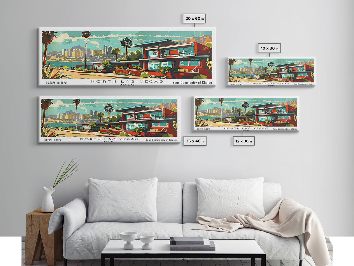 North Las Vegas Nevada Panoramic Wall Art, Mid Century Modern Framed Canvas Print, Retro Pop Art Travel Poster, Home Decor, Office Art, Gift Idea, Living Room Wall Hanging