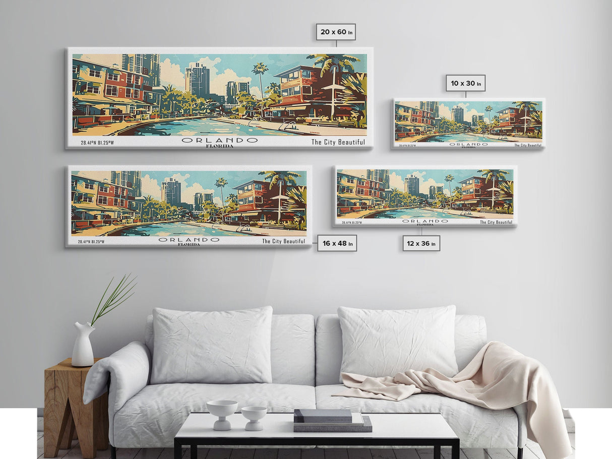 Orlando Florida Panoramic Wall Art, Mid Century Modern Framed Canvas Print, Retro Pop Art Travel Poster, Home Decor, Office Art, Gift Idea, Living Room Wall Hanging