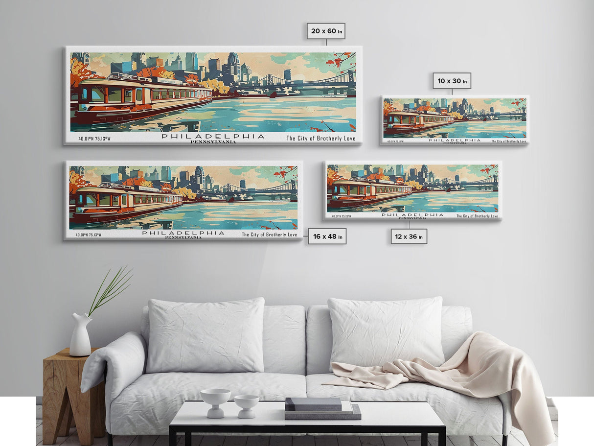 Philadelphia Pennsylvania Panoramic Wall Art, Retro Pop Art Framed Canvas Print, Mid Century Modern Travel Poster, Living Room Decor