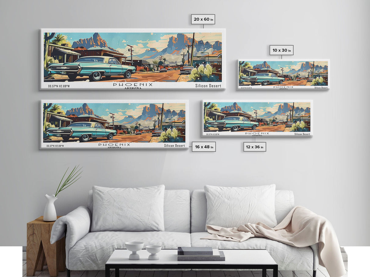 Phoenix Arizona Panoramic Painting, Retro Style Framed Canvas Print, Mid Century Modern Art, Pop Art Travel Poster, Home Office Decor