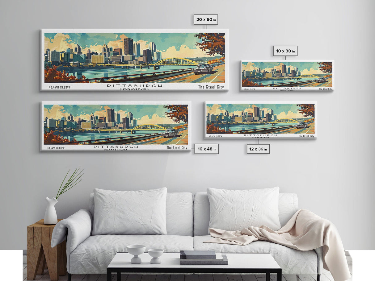 Pittsburgh Pennsylvania Panoramic Wall Art, Mid Century Modern Framed Canvas Print, Retro Pop Art Travel Poster, Living Room Decoration