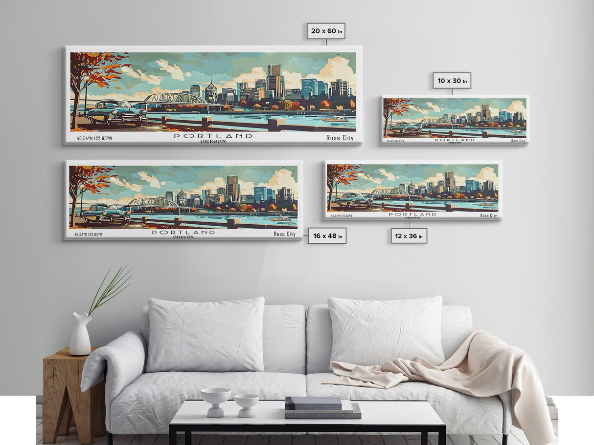 Portland Oregon Panoramic Wall Art, Mid Century Modern Framed Canvas Print, Retro Pop Art Travel Poster, Home Office and Living Room Decor