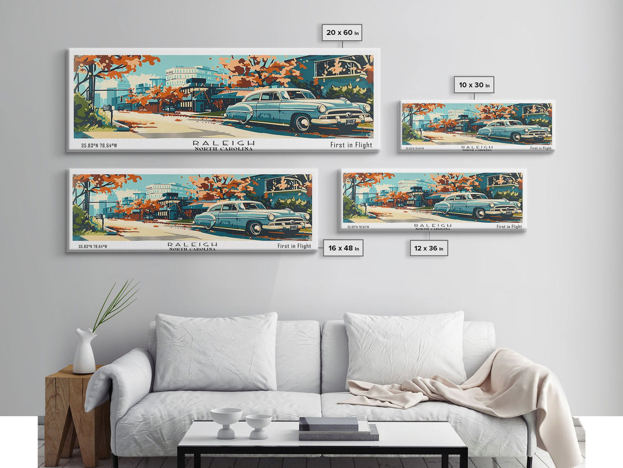 Raleigh North Carolina Panoramic Painting, Mid Century Modern Framed Canvas Print, Retro Pop Art Travel Poster, Living Room and Office Wall Art