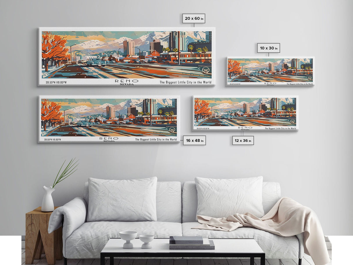 Reno Nevada Panoramic Wall Art, Mid Century Modern Framed Canvas Print, Retro Pop Art Travel Poster, Living Room Decor, Office Wall Hanging