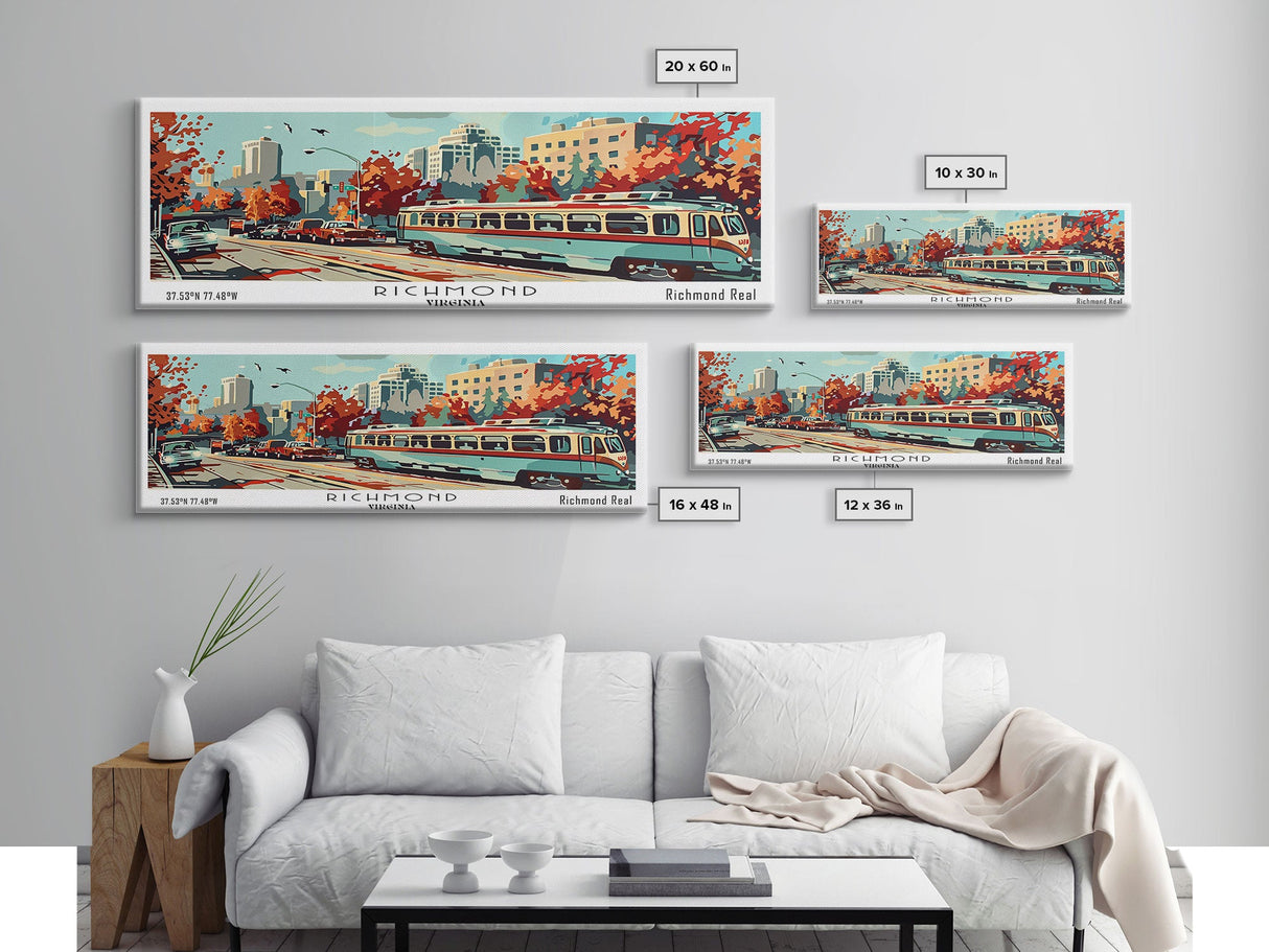 Richmond Virginia Panoramic Painting, Mid Century Modern Framed Canvas Print, Retro Pop Art Travel Poster, Living Room and Office Decoration