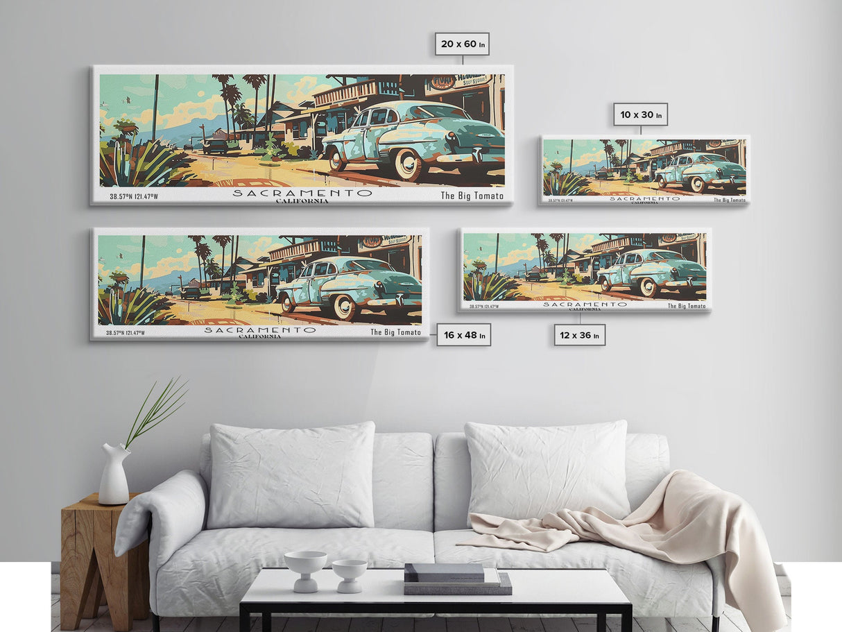 Sacramento California Panoramic Painting, Mid Century Modern Framed Canvas Print, Retro Pop Art Travel Poster, Living Room and Office Wall Art