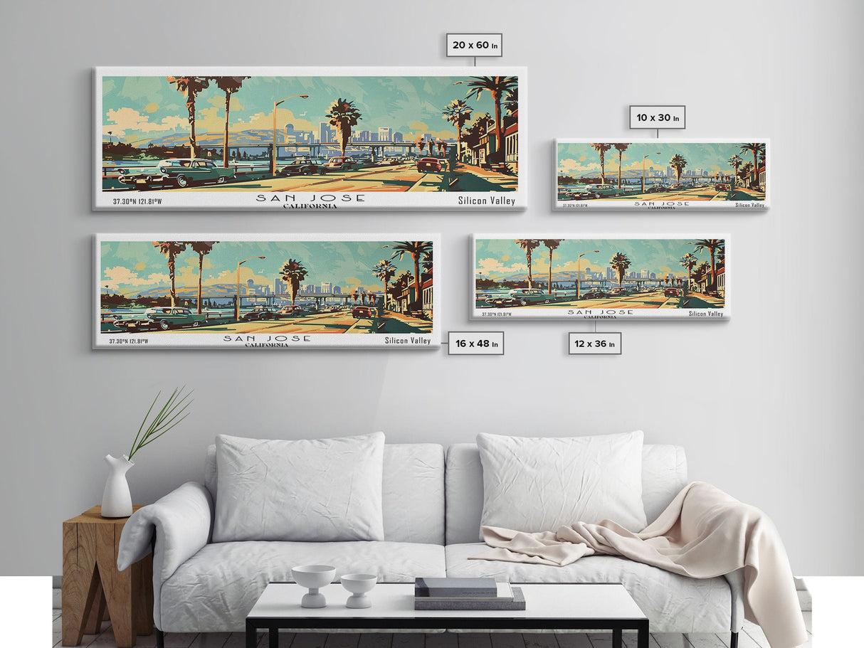 San Jose California Panoramic Wall Art, Mid Century Modern Framed Canvas Print, Retro Pop Art Travel Poster, Living Room and Office Decor