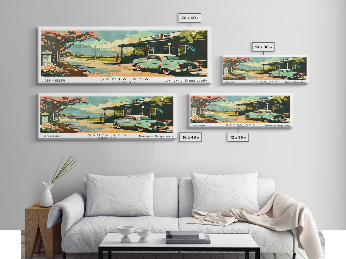 Santa Ana California Panoramic Painting, Mid Century Modern Framed Canvas Print, Retro Pop Art Travel Poster, Living Room and Office Wall Art